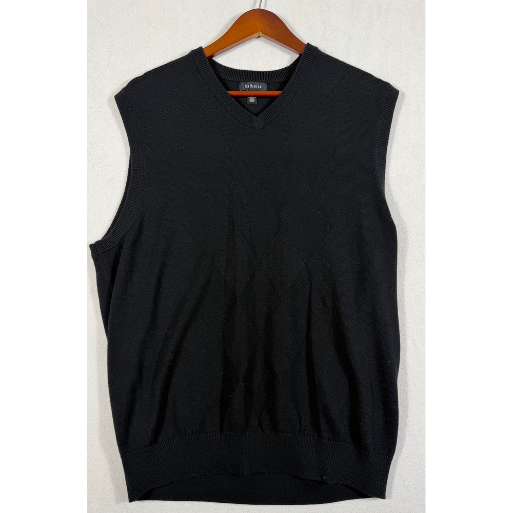 Van Heusen Mens Black V-Neck Sweater Vest Diamond Pattern Cotton Blend Large